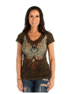 vintage liberty wear  Brown Mineral-Wash V-Neck Tee with Winged Heart Graphic 2x
